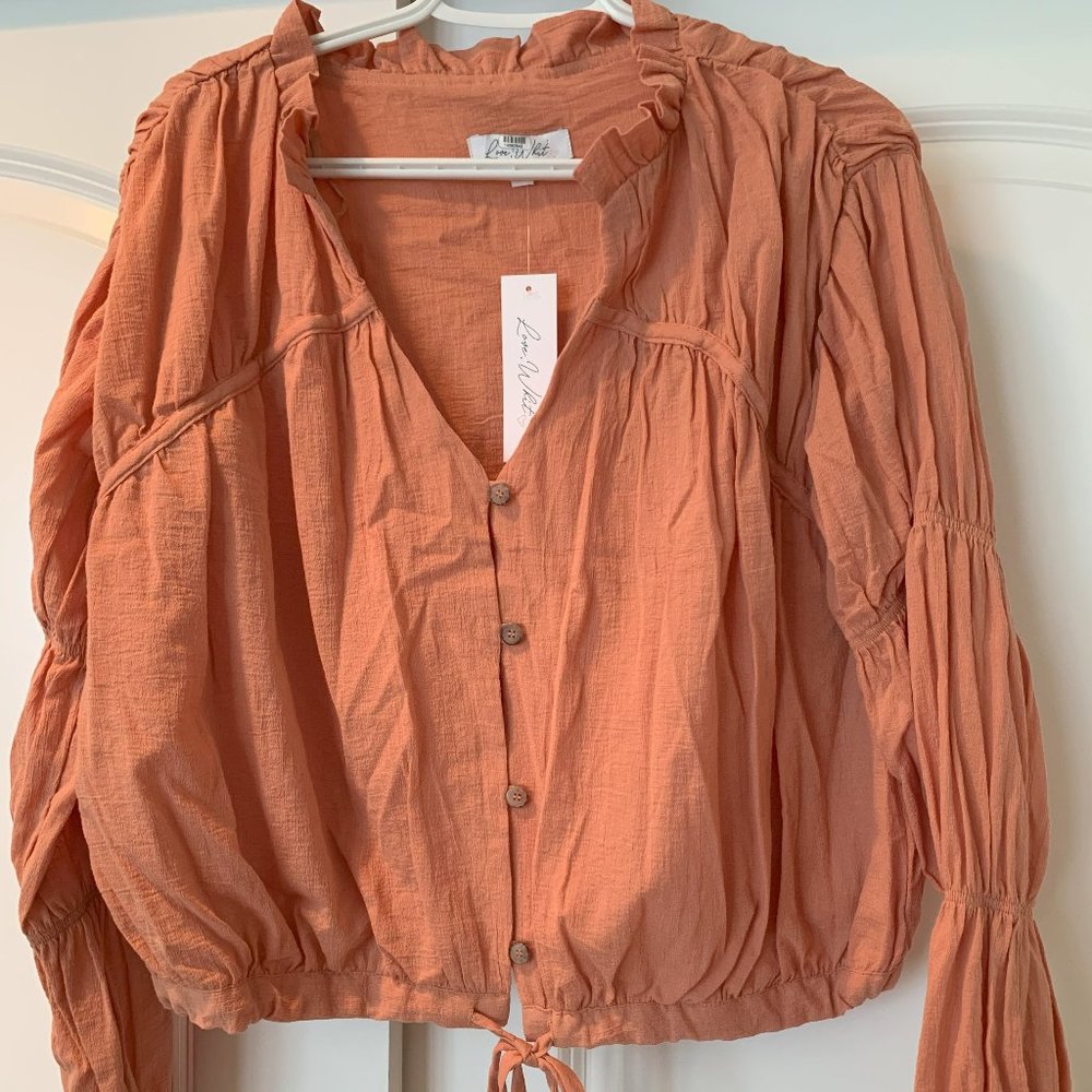 NWT Love, Whit by Whitney Port Cotton Peasant Blouse Sandstone Womens Size M